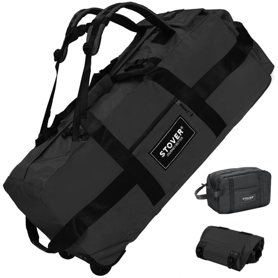 STOVER 100L Rolling Duffel Backpack With Wheels, Unisex Adult XX-Large 34 Inch Durable Travel Bag With Toiletry Bag, Black