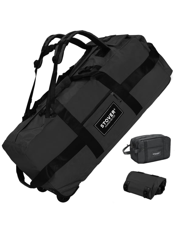 100L Rolling Duffel Backpack With Wheels, Unisex Adult XX-Large 34 Inch Durable Travel Bag With Toiletry Bag, Black