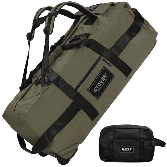 STOVER 100L Rolling Duffel Bag w/ Wheels, XX-Large Durable Backpack + Toiletry Bag (Green)
