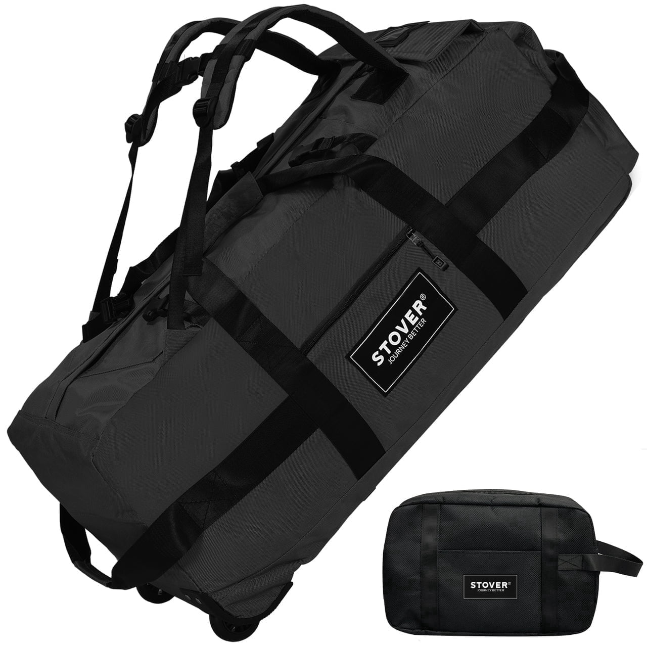 STOVER 80L Rolling Duffel Bag w/ Wheels, X-Large Durable Backpack + Toiletry Bag (Black)