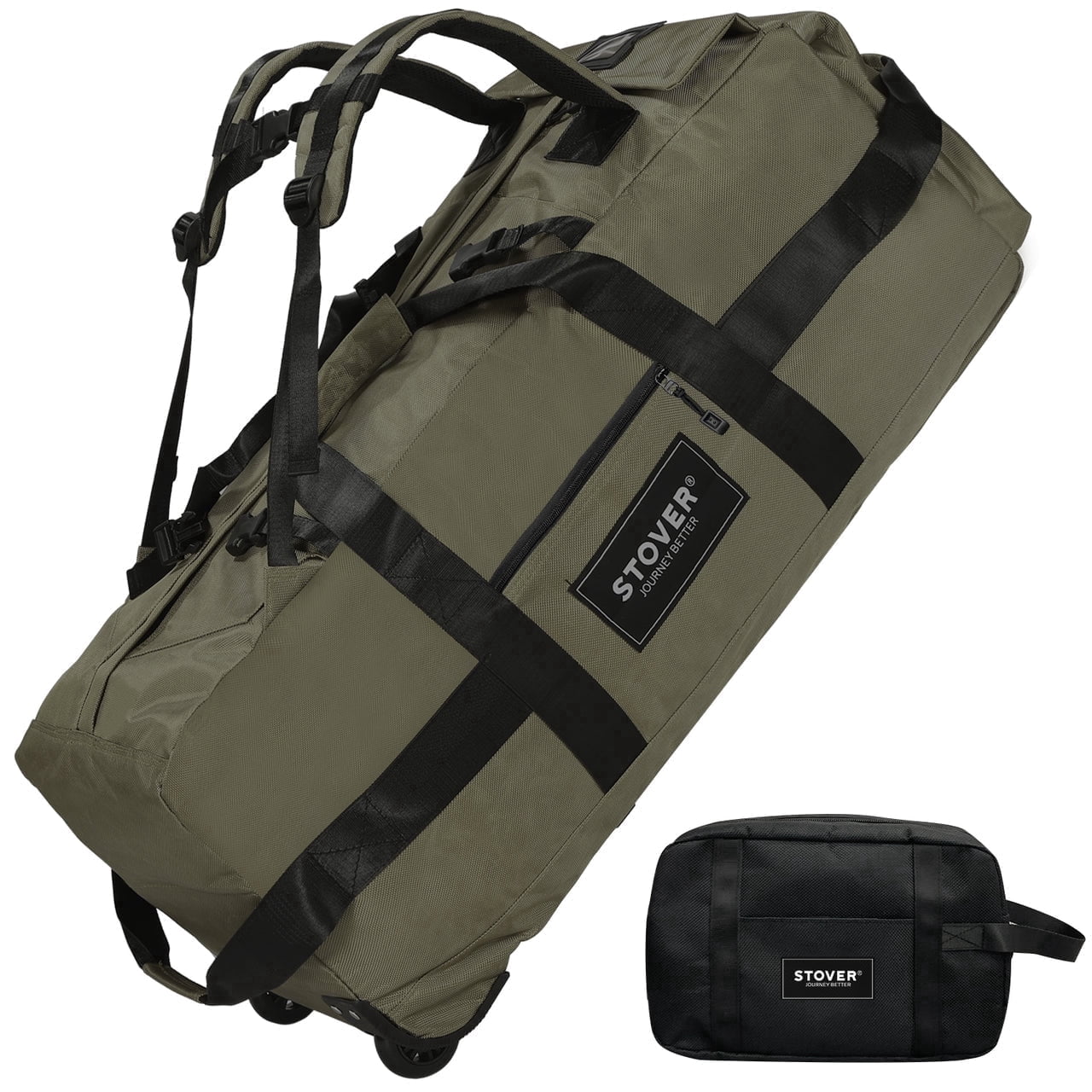 STOVER 80L Rolling Duffel Bag w/ Wheels, X-Large Durable Backpack + Toiletry Bag (Green)