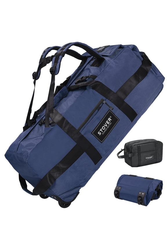 80L Rolling Duffel Bag w/ Wheels, X-Large Durable Backpack + Toiletry Bag (Navy Blue)
