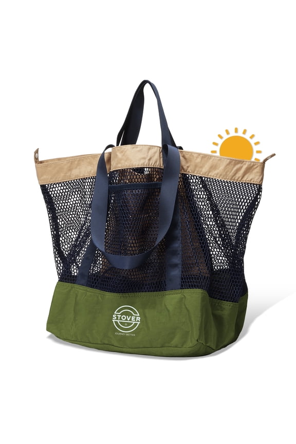 Large Mesh Beach Bag, Heavy-Duty Travel Tote Foldable w/Storage Pouch & Pockets for Vacation, Pool, Shopping, Toy (Evergreen Coast)