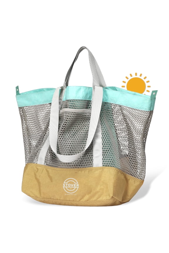 Large Mesh Beach Bag, Heavy-Duty Travel Tote Foldable w/Storage Pouch & Pockets for Vacation, Pool, Shopping, Toy (Shoreline Sand)