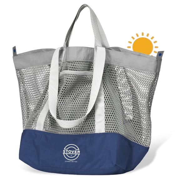 STOVER Large Mesh Beach Bag, Heavy-Duty Travel Tote Foldable w/Storage Pouch & Pockets for Vacation, Pool, Shopping, Toy (Coastal Grey)