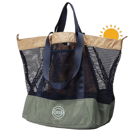 STOVER Large Mesh Beach Bag, Heavy-Duty Travel Tote Foldable w/Storage Pouch & Pockets for Vacation, Pool, Shopping, Toy (Driftwood Olive)