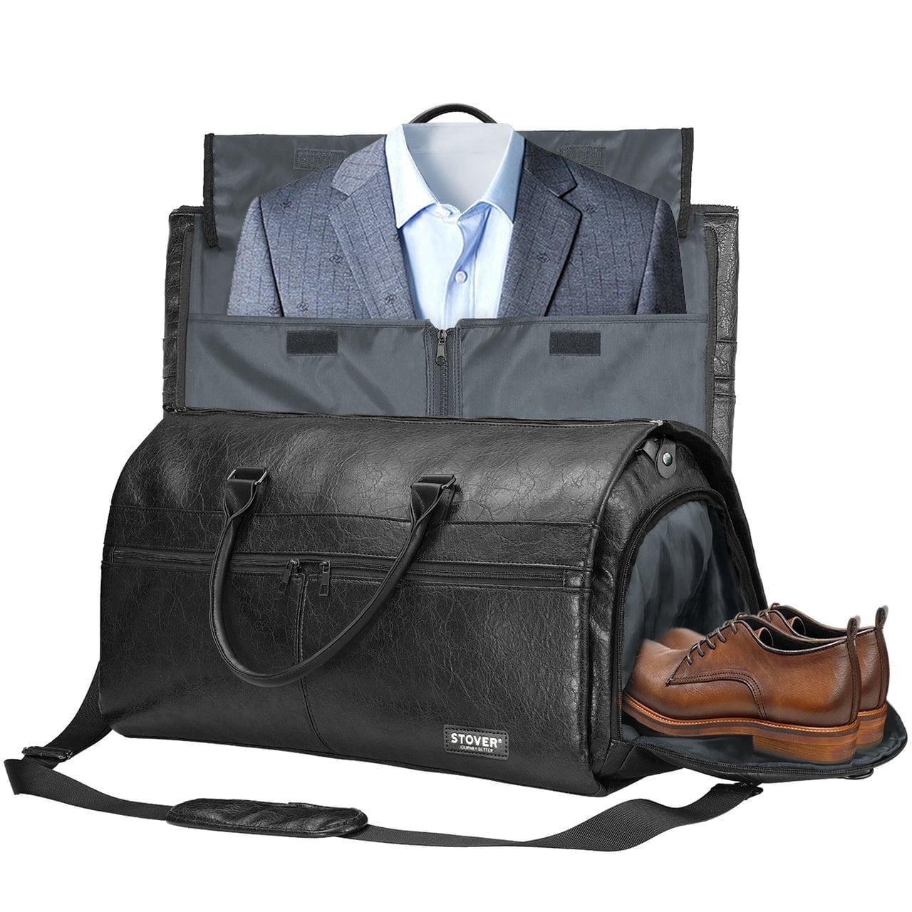 STOVER Garment Travel Duffle Bag, Large 2-in-1 Convertible Carry-on Luggage (Black Leatherette)