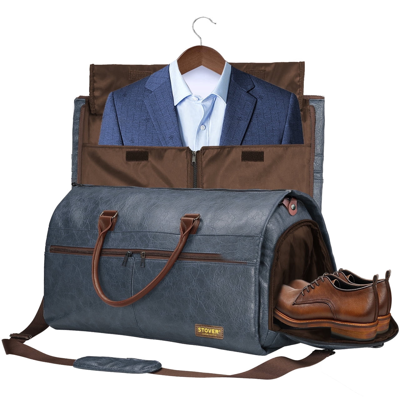 STOVER Garment Travel Duffle Bag, Large 2-in-1 Convertible Carry-on Luggage (Blue Leatherette)