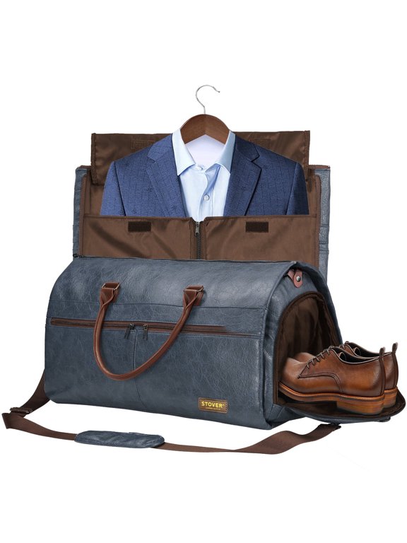 Garment Travel Duffle Bag, Large 2-in-1 Convertible Carry-on Luggage (Blue Leatherette)
