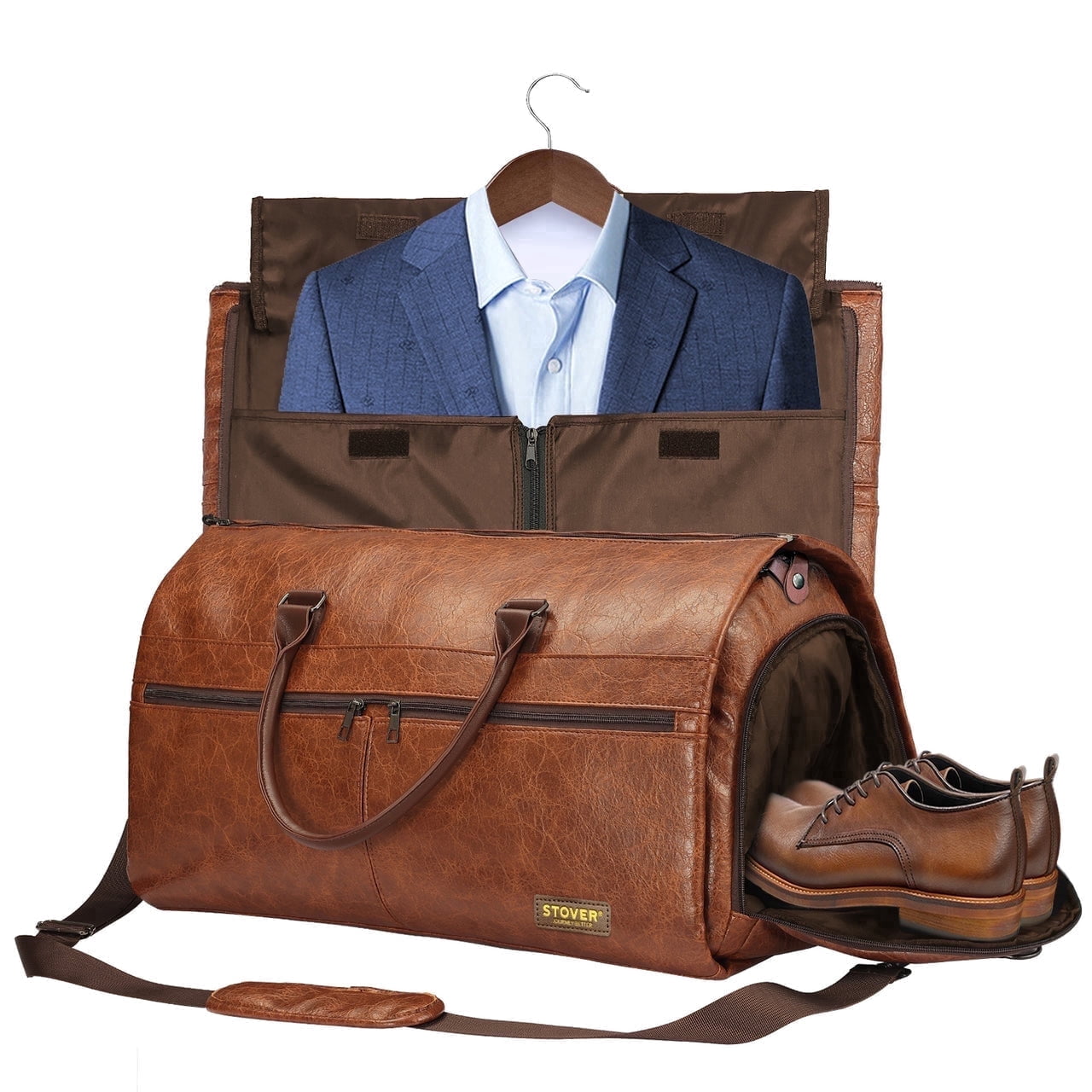 STOVER Garment Travel Duffle Bag, Large 2-in-1 Convertible Carry-on Luggage (Brown Leatherette)