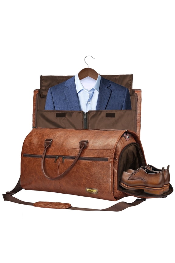 Garment Travel Duffle Bag, Large 2-in-1 Convertible Carry-on Luggage (Brown Leatherette)