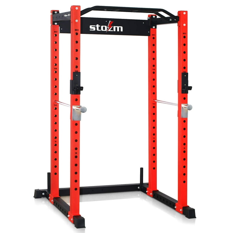 STOZM 3 In. X 3 In. Multi Functional Squatting Rack Power Rack Supports 1600Lbs Red Black Package Includes A Pull Up Bar J Hooks Safety Bar