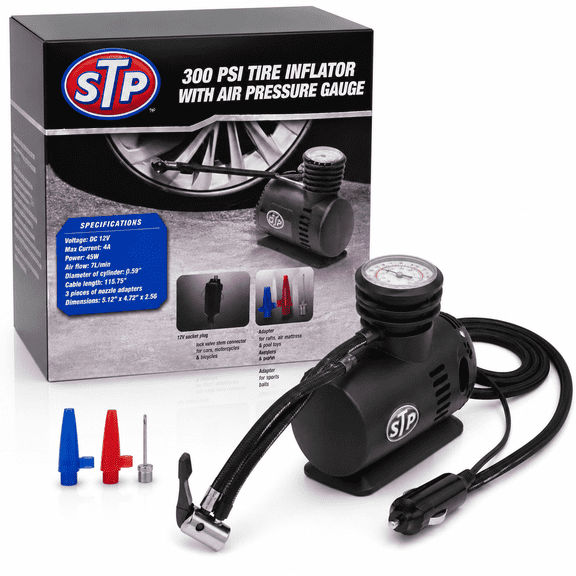 STP 300 PSI Tire Inflator with Air Pressure Gauge, 12V Portable Air Compressor for Car Tires, Balls & Inflatables