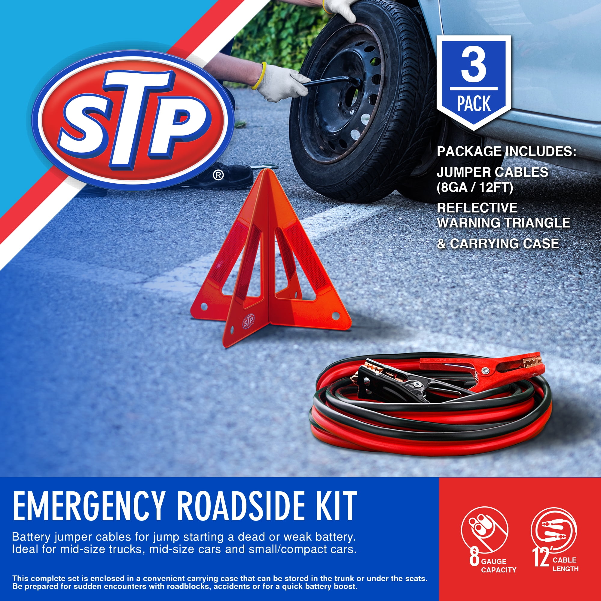 STP Emergency Roadside 3Piece Kit with 12ft Jumper Cables, Warning