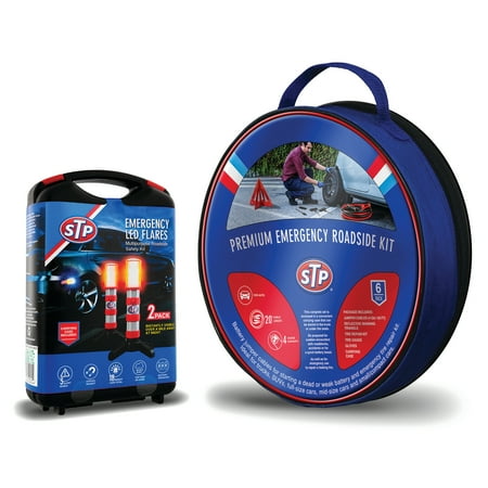 STP Emergency Roadside Kit with LED Flares, Jumper Cables, Reflective Warning Triangle, Tire Repair Kit, Tire Gauge, Gloves and Carrying Case, Xtreme Easy Assembly