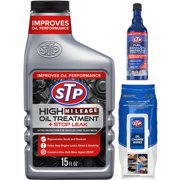 STP Exhaust & Emissions System Cleaner and High Mileage Oil Treatment + Stop Leak Engine Oil Additive with Oil Change Wipes, 3-Piece Bundle