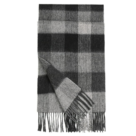 STP GOODS 100% Sheep Wool Scarf with Fringe for Men and Woman 70.9x11.8" (180x30 cm) Unisex Plaid Scarf Wool Wrap, Black and Gray