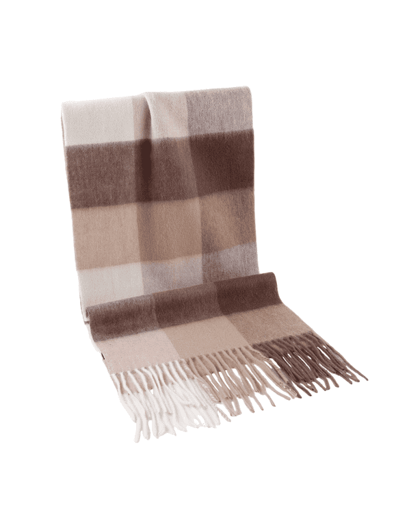 STP GOODS 100% Sheep Wool Scarf with Fringe for Men and Woman 70.9x11.8" (180x30 cm) Unisex Plaid Scarf Wool Wrap, Brown and Beige