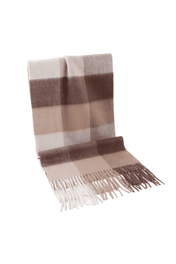 STP GOODS 100% Sheep Wool Scarf with Fringe for Men and Woman 70.9x11.8" (180x30 cm) Unisex Plaid Scarf Wool Wrap, Brown and Beige