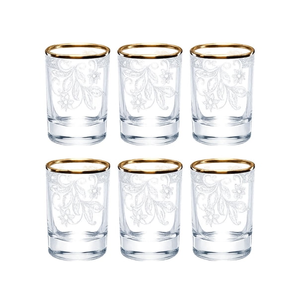 STP GOODS Acacia Shot Glasses Set of 6 pcs 1.7 fl oz (50 ml) Clear Floral Liqueur Glass with Golden Rim for Whiskey Vodka Tequila Barware Bohemian Style