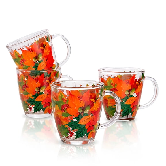 STP GOODS Autumn Waltz Glass Mug Set of 4 pcs 11.8 fl oz (350 ml) Tea Mugs for Hot Beverages Coffee and Tea Mugs for Latte Cocoa Chocolate Glass Drinkware, Service for 4, Orange