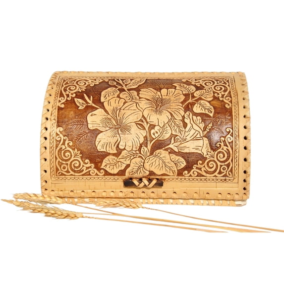 STP GOODS Birch Bark Bread Box with Lid 9.8x7.9x5.7'' (25x20x14.5 cm) Lilies Pattern Countertop Bread Bin Handmade Wooden Bread Storage Container for Bakery Storage Bin Food Keeper Pastry Box