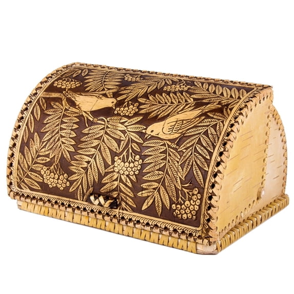 STP GOODS Birch Bark Bread Box with Lid 9.8x9.3x5.5'' (25x21x14 cm) Birds Pattern Countertop Bread Bin Handmade Wooden Bread Storage Container for Bakery Storage Bin Food Keeper Pastry Box