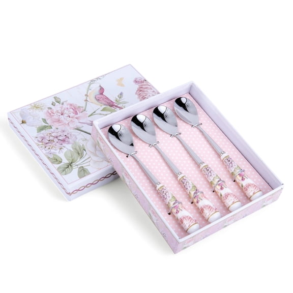 STP GOODS Birds Garden Coffee/Tea Spoon with Ceramic Handle Set of 4 in Gift Box Stainless Steel Coffee Spoons Dessert Spoon Set Flatware Set Spoons for Home & Kitchen