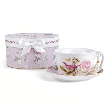 STP GOODS Birds in Rose Garden Bone China Tea Cup and Saucer Set for 1 in Gift Box 10.14 fl oz (300 ml) Kitchen Teacup Floral Porcelain Tea and Coffee Cup, White and Pink