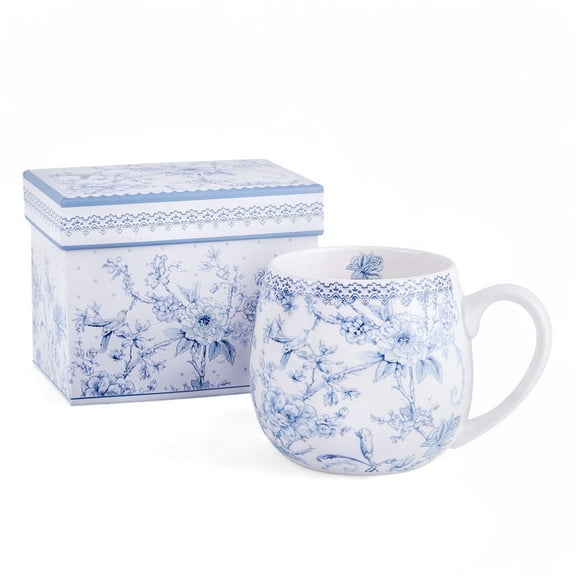 STP GOODS Blue Flowers Bone China Big Belly Mug in Gift Box 16.23 fl oz (480 ml) Floral Mug Coffee and Tea Mug for Latte Cocoa Chocolate, Blue and White Dinnerware