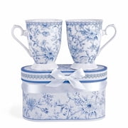 STP GOODS Blue Flowers Bone China Mug Set of 2 in Gift Box 9.46 fl oz 280 ml Floral Mugs Coffee and Tea Mugs for Latte Cocoa Chocolate, Blue and White