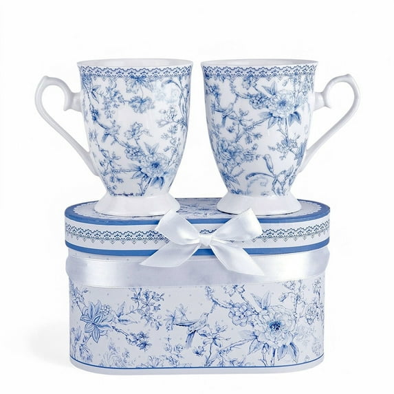 STP GOODS Blue Flowers Bone China Mug Set of 2 in Gift Box 9.46 fl oz (280 ml) Floral Mugs Coffee and Tea Mugs for Latte Cocoa Chocolate, Blue and White