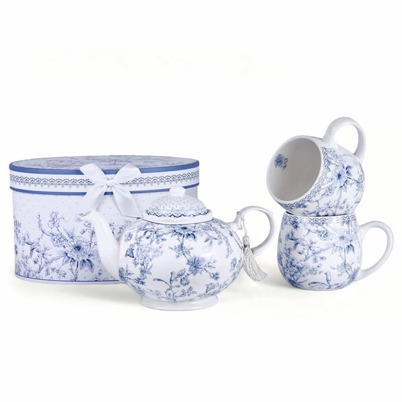STP GOODS Blue Flowers Bone China Tea Set of 3 for 2 in Gift Box Tea/Coffee Mugs 16.2 fl oz (480 ml) with Teapot 33.8 fl oz (1 L) Service for 2 Tea Mug for Latte Cocoa Porcelain Mug, Blue White