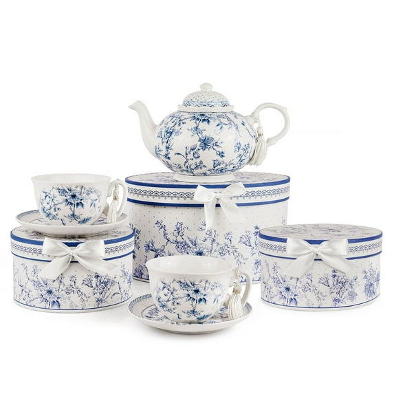 STP GOODS Blue Flowers Bone China Tea Set of 5 for 2 in Gift Box 8.45 fl oz (250 ml) Tea/Coffee Cup and Saucer Set with 33.81 fl oz (1 L) Teapot Teacups Service for 2, Blue and White
