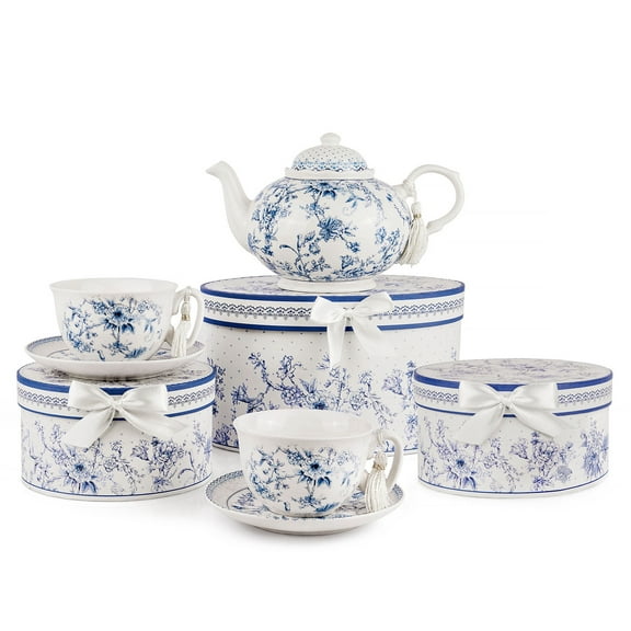 STP GOODS Blue Flowers Bone China Tea Set of 5 for 2 in Gift Box 8.45 fl oz (250 ml) Tea/Coffee Cup and Saucer Set with 33.81 fl oz (1 L) Teapot Teacups Service for 2, Blue and White