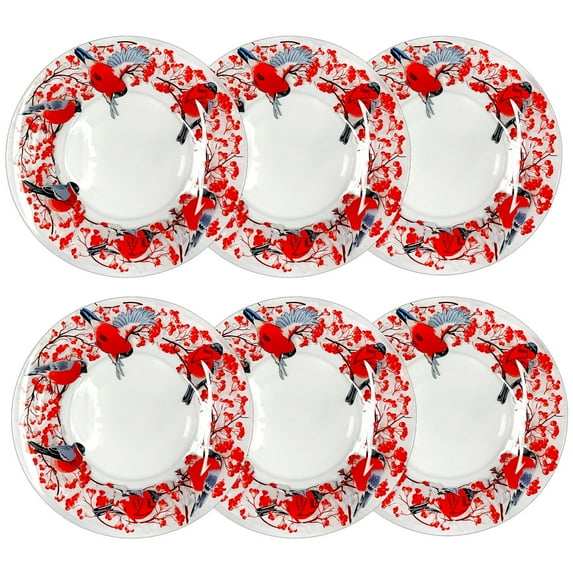 STP GOODS Bullfinches Glass Appetizer Plate Set of 6 Pcs 7.5" (19 cm) Service for 6 Winter Fun Dessert Plates, Christmas Dinnerware, Clear Red