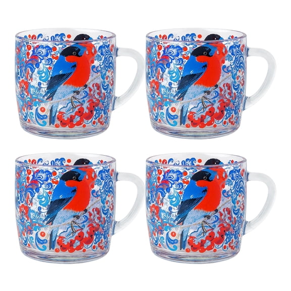 STP GOODS Bullfinches Glass Mug Set of 4 pcs 10.14 fl oz (300 ml) Tea Mugs for Hot Beverages Coffee and Tea Mugs for Latte Cocoa Chocolate Glass Drinkware, Service for 4, Blue and Red