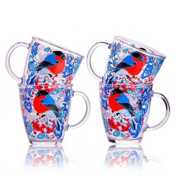 STP GOODS Bullfinches Glass Mug Set of 4 pcs 11.8 fl oz (350 ml) Tea Mugs for Hot Beverages Coffee and Tea Mugs for Latte Cocoa Chocolate Glass Drinkware, Service for 4, Blue and Red