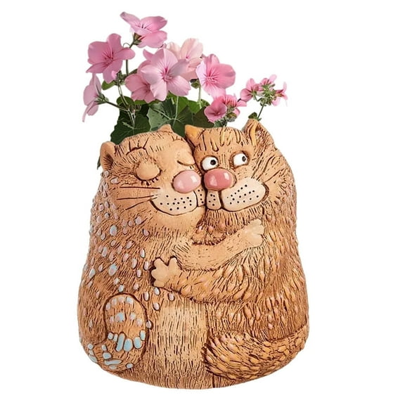 STP GOODS Cat Couple Handmade Ceramic Flower Pot 7x8.6" Indoor/Outdoor Decorative Flower Planter Hand-Painted Succulent Pot Clay Cachepot