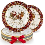 STP GOODS Christmas Miracle Bone China Dessert Plate Set of 2 in Gift Box 7.5" 19 cm Floral Cake Plates for Appetizer Salad Serving, Holiday Tableware, Red White