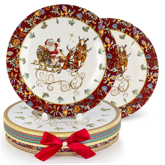 STP GOODS Christmas Miracle Bone China Dessert Plate Set of 2 in Gift Box 7.5" (19 cm) Floral Cake Plates for Appetizer Salad Serving, Holiday Tableware, Red White