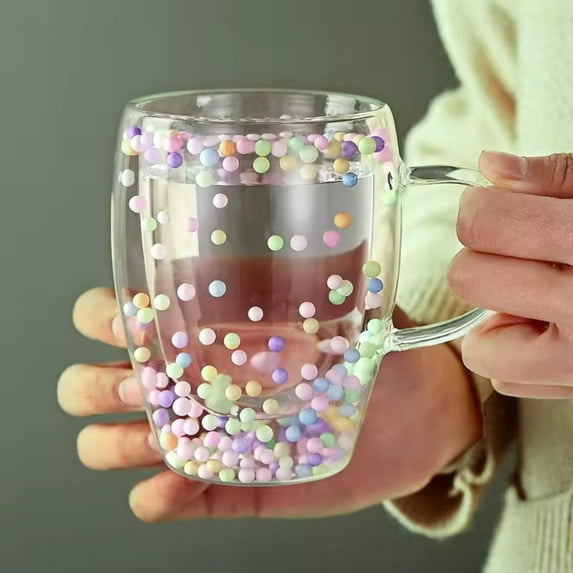 STP GOODS Color Balls Flowers Double-Walled Glass Mug 11.5 fl oz (330 ml) Clear Heat-Resistant Glass Cup for Tea Hot Beverages Coffee Service for 1