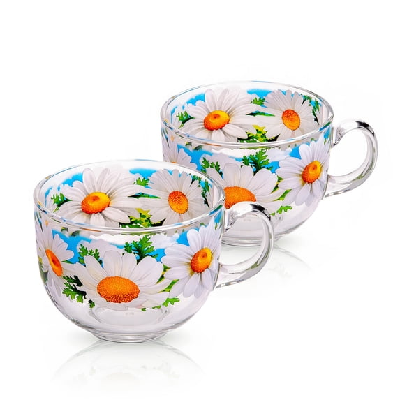 STP GOODS Daisy Field Glass Mug Set of 2 pcs 15.2 fl oz (450 ml) Tea Mugs for Hot Beverages Coffee and Tea Mugs for Latte Cocoa Chocolate Glass Drinkware, Service for 2, Yellow Green Clear