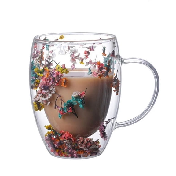 STP GOODS Double Wall Glass Mug with Dried Flowers 11.5 fl oz (330 ml) Clear Heat-Resistant Glass Cup for Tea Hot Beverages Coffee Service for 1