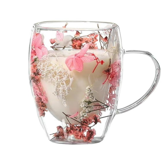 STP GOODS Double-Walled Glass Mug with Dried Flowers 11.5 fl oz (330 ml) Clear Heat-Resistant Glass Cup for Tea Hot Beverages Coffee Service for 1, Pink Clear