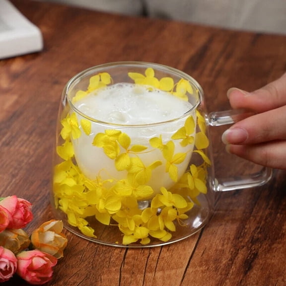 STP GOODS Double-Walled Glass Mug with Yellow Dried Flowers 10.1 fl oz (300 ml) Clear Heat-Resistant Glass Cup for Tea Hot Beverages Coffee Service for 1