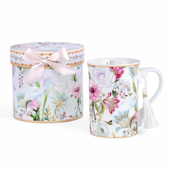 STP GOODS Dream Garden Bone China Mug in Gift Box 10.8 fl oz (320 ml) Floral Mug Coffee and Tea Mug for Latte Cocoa Chocolate Porcelain Mug, White and Pink