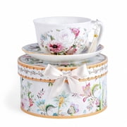 STP GOODS Dream Garden Bone China Tea Cup and Saucer Set for 1 in Gift Box 10.14 fl oz 300 ml Kitchen Teacup Floral Porcelain Tea and Coffee Cup, White and Pink
