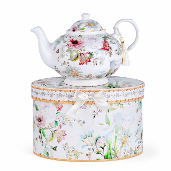 STP GOODS Dream Garden Bone China Teapot in Gift Box 33.8 fl oz (1 L) Floral Kitchen Teapot for Loose Tea Bone China Tea Pot Tea Brewer Tea and Coffee Pot Kettle for Blooming Teas, White Pink