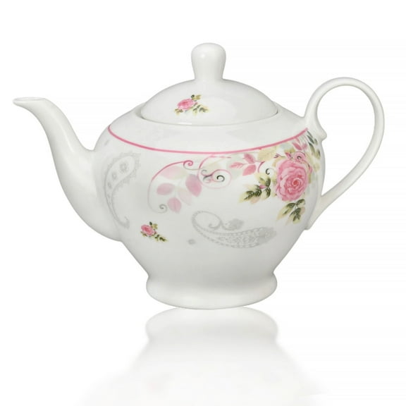 STP GOODS English Rose Porcelain Teapot in Gift Box 40.6 fl oz (1.2 L) Floral Kitchen Teapot for Loose Tea Tea Pot Tea Brewer Tea and Coffee Pot Kettle for Blooming Teas, White Pink